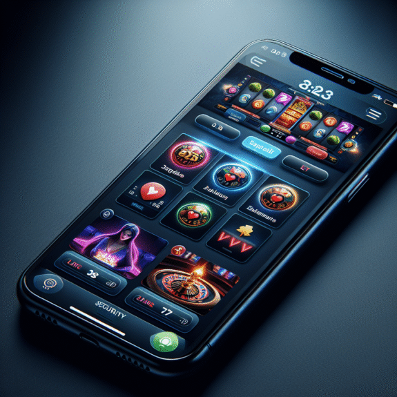Mobiltelefon med åpen casino-app, klar skjerm med spilleautomat og live dealer, moderne mørk bakgrunn, fokus på UX og sikkerhet
