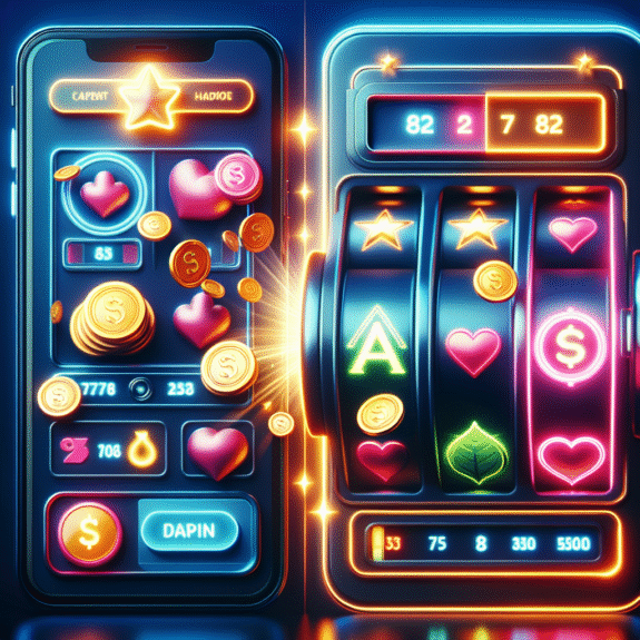 Fargerik nærbildekomposisjon av moderne spilleautomat på mobil og desktop, glødende symboler, mynter og jackpot-effekt, stilisert og profesjonell