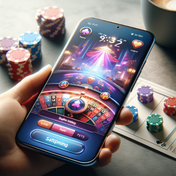 Nærbilde av en moderne smarttelefon med et fargerikt online casinospill på skjermen, myke lys, fokus på sikkerhet og hastighet, minimalistisk bakgrunn, profesjonell stil
