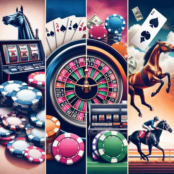 Moderne collage som viser ulike casinospill: spilleautomat, pokerchips, live dealer, hest på galoppbane og skrapelodd, stilig og fargerik komposisjon