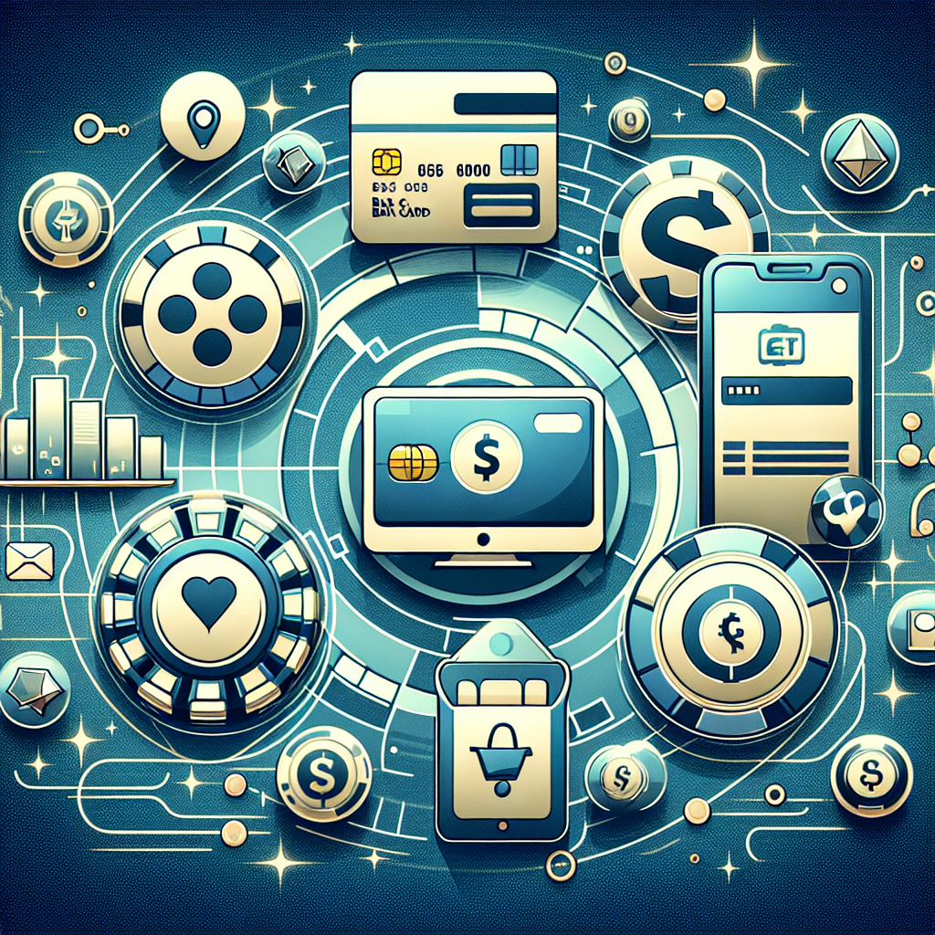 Moderne illustrasjon av digitale betalingsikoner (bankkort, e-lommebok, Pay n Play) over et stilisert casinobakgrunn, blå-grønn palett, rent og profesjonelt uttrykk