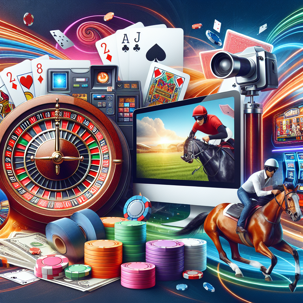 Moderne collage av casinospill: kortstokker, ruletthjul, spilleautomat, live dealer-skjerm og hest i løp, stilisert og fargerik