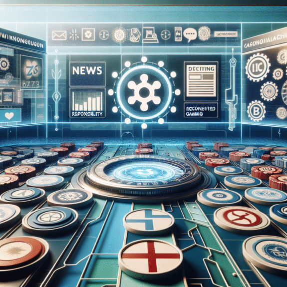 Oversiktsbilde av et digitalt casinomiljø i Norge: nyhetsgrafikk, regulatoriske ikoner, og rolige farger som formidler ansvar og teknologi