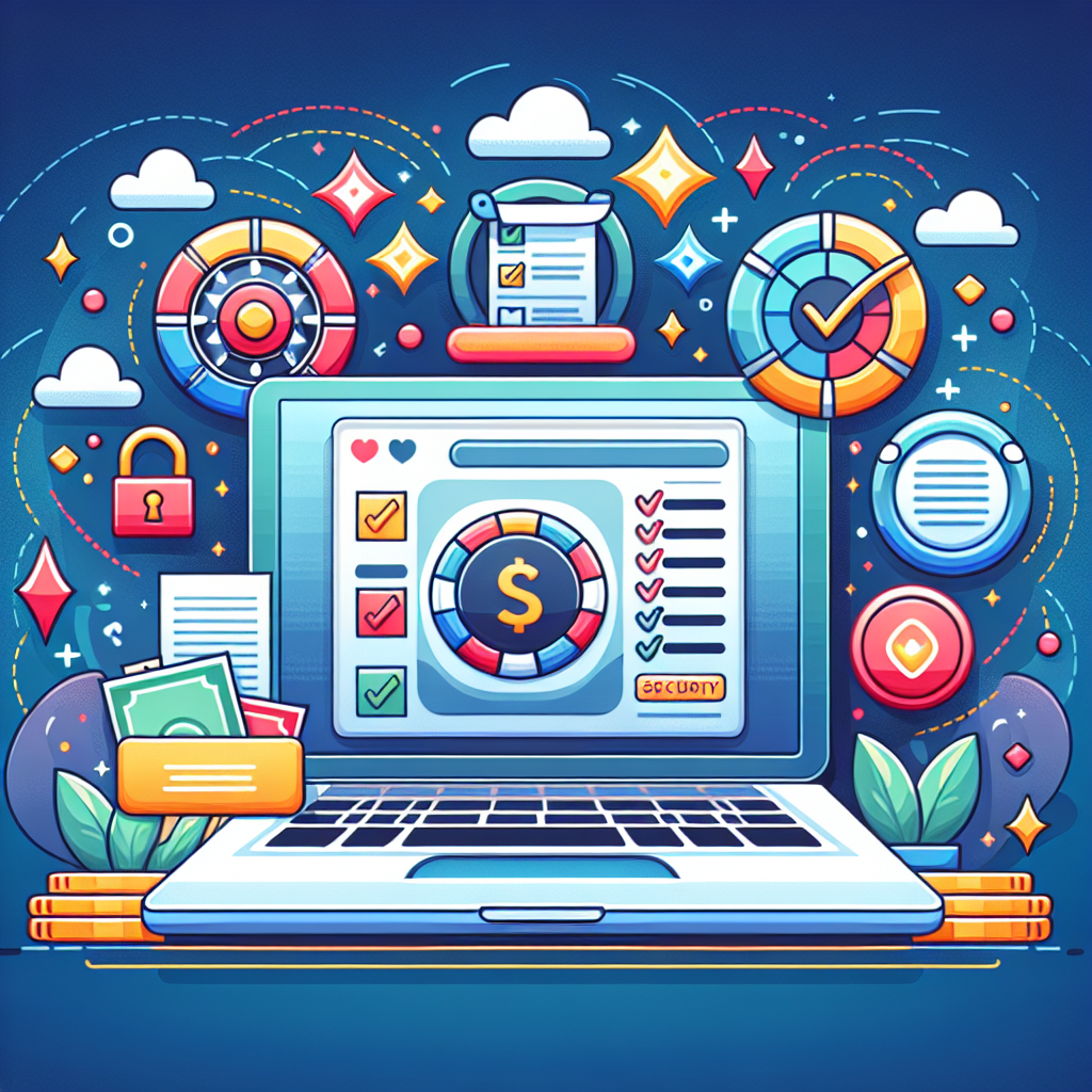 Illustrasjon av en moderne nettcasino-vurdering: laptop med casinoikoner, sjekklister og sikkerhetssymboler, stilisert, profesjonell og innbydende