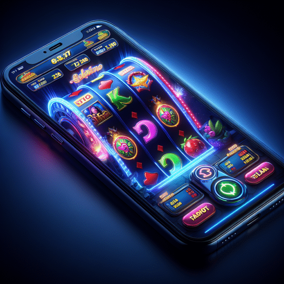 Oversiktsbilde av mobilcasino: en moderne smarttelefon med fargerik spilleautomat på skjermen, mørk bakgrunn, ikoniske spillsymboler og et rent, brukervennlig grensesnitt