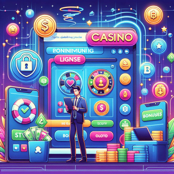 Illustrasjon av et moderne nettcasino: bruker på mobil og desktop, ikoner for lisens, sikkerhet og bonuser, stilisert og profesjonell